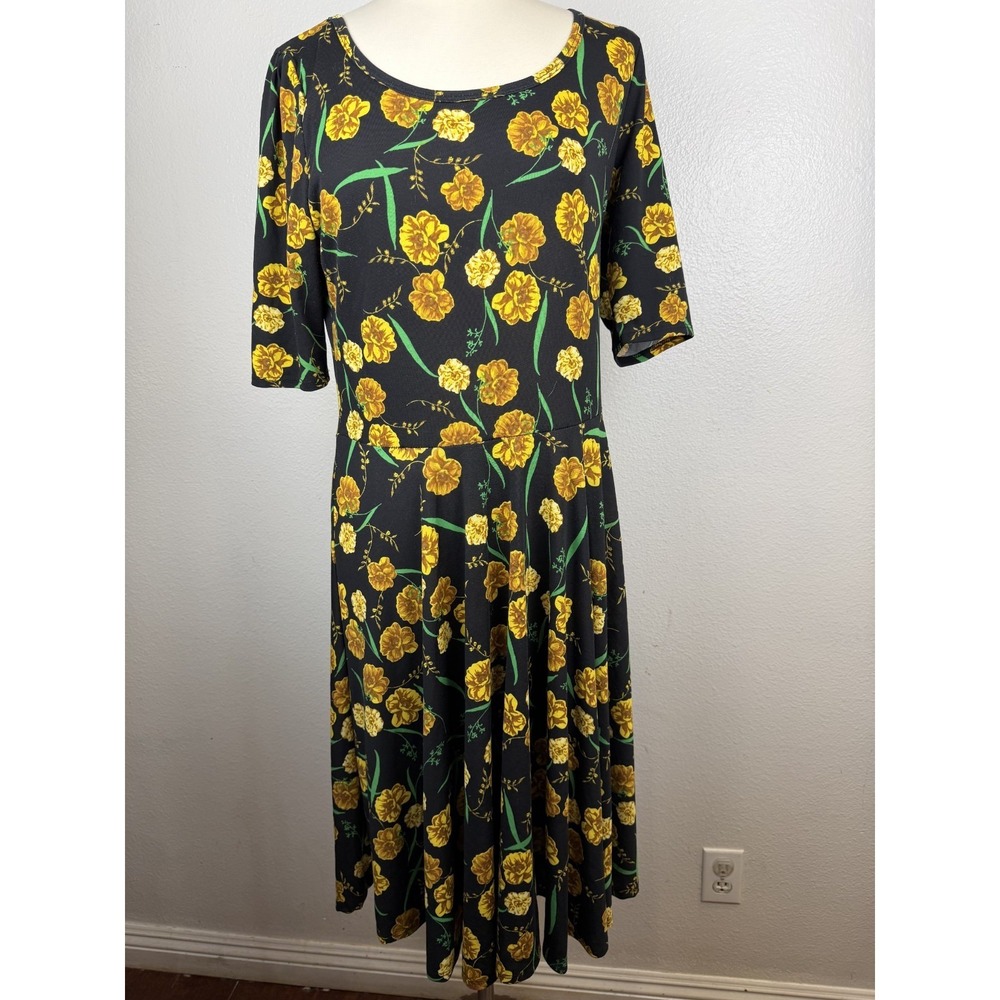 Lularoe Nicole Midi Dress Black Yellow Green Floral Print Size 2XL‎